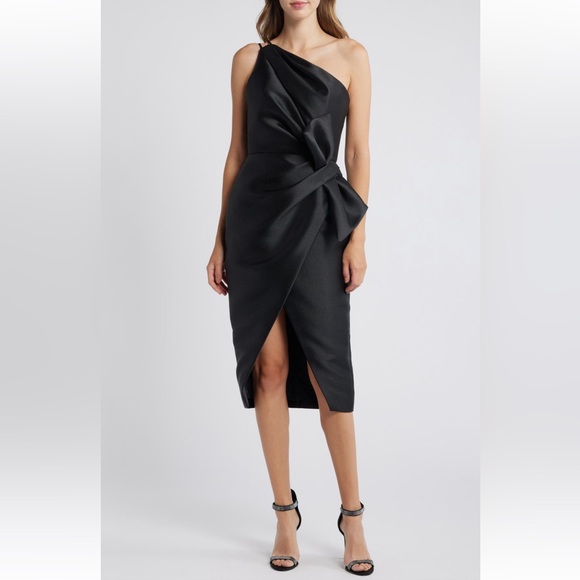 Amsale Mik‎ One Shoulder Asymmetric Sheath Dress black satin dress size 8 NWT
